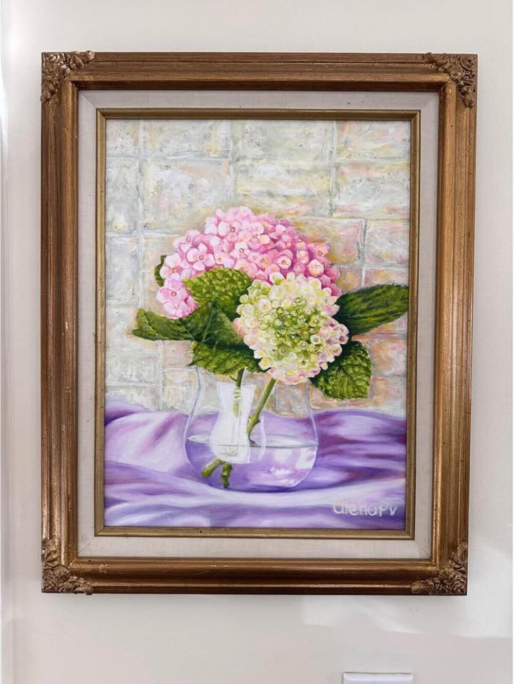 Original Oil Painting “Glass Vase with Summer Hydrangeas”